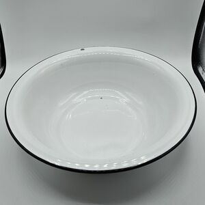 Vintage White Metal Enamel Large 12.5" Bowl Black Rim